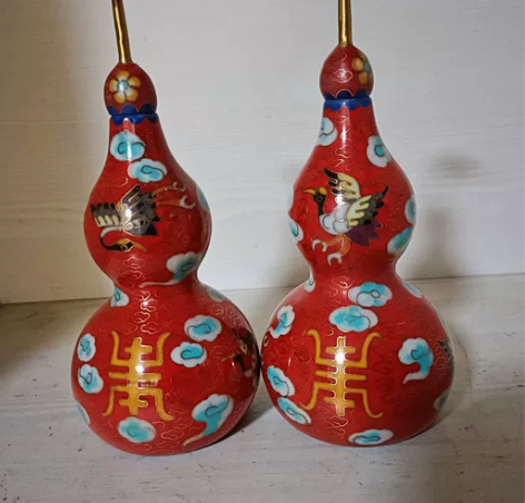 景泰蓝鎏金寿鹤葫芦 高20公分 一对重1....