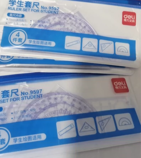 得力文具尺子套装套尺直尺三角尺量角器四件套...