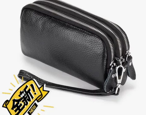 真皮女式手拿包 头层牛皮三层拉链女式手腕包...