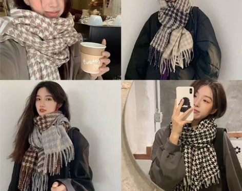 千鸟格子围巾女秋冬季2022新款韩版百搭学...