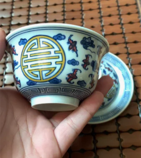 万寿无疆手绘古韵青花功夫茶盖碗，中式釉下彩...