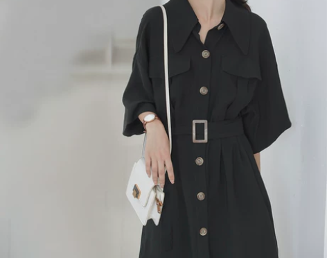 黑色连衣裙女宽松中长款收腰显瘦气质流行裙子...