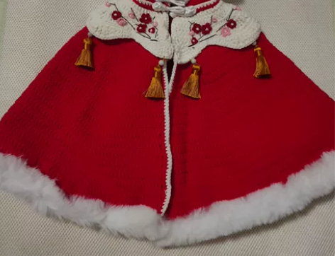 女童秋冬红色碎花流苏小码汉服披风手工外套国...