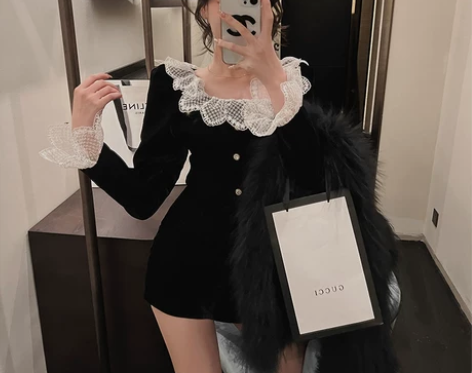 IN MIMIFACE 黑色蕾丝打底衫女春...