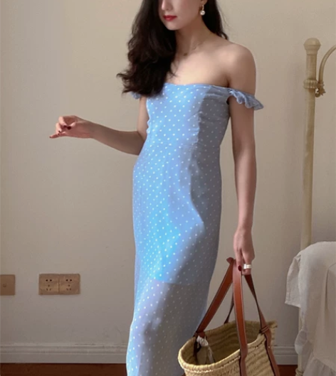 ?DADANA 法式风情温水淡蓝色波点长裙...