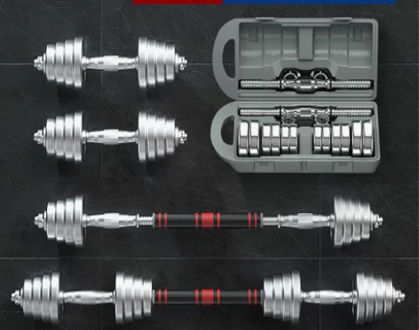 朗威纯钢哑铃男士+健身杠铃一对电镀健身器材...
