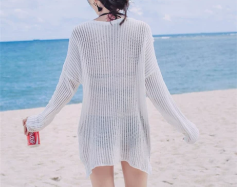 DK套头罩衫女比基尼度假温泉泳衣外套针织单...