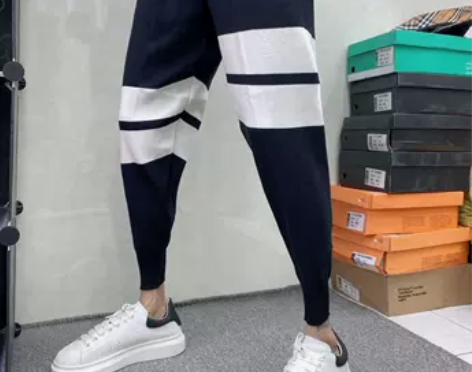 两道杠针织裤男夏新款修身小脚运动裤快手网红...