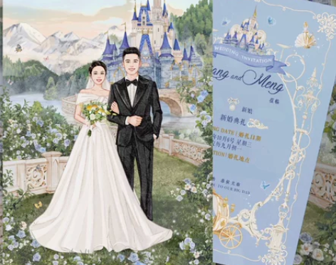 手绘写实 ctro婚礼水彩半婚礼请柬插画人...