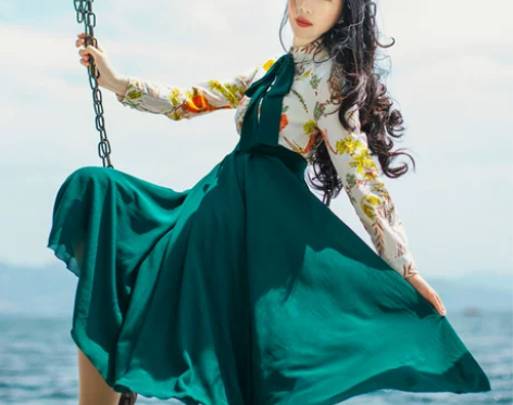 撒哈拉独立设计师春装新款定制印花假两件套墨...
