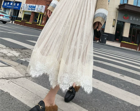 ?橙子家韩版高腰百褶半身裙女网纱蕾丝边拼接...