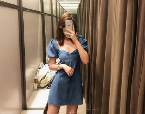 2022夏季新品女士 方领蓬蓬袖牛仔连衣裙...