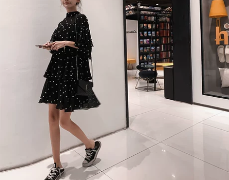 黑色蛋糕连衣裙夏装2020年新款女雪纺波点...