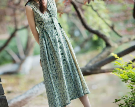 妖迹夏季新品原创绑带无袖雪纺印花连衣裙修身...