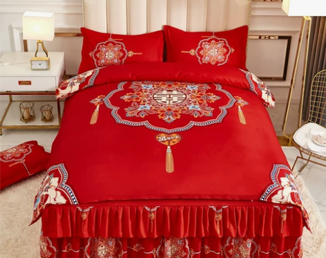 新款结婚四件套喜庆大红色床裙式公主风双层花...