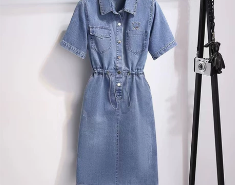 短袖牛仔连衣裙子女夏季2023新款小个子收...