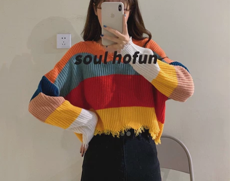 很仙的彩虹条纹waitmore毛衣女日系春...