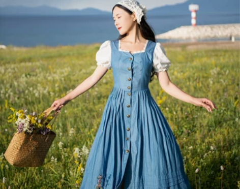 理想三旬女装新疆旅拍蓝色牛仔复古田园风巴伐...