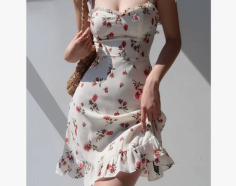 法式田园风清新碎花木耳边绑带度假连衣裙女夏...