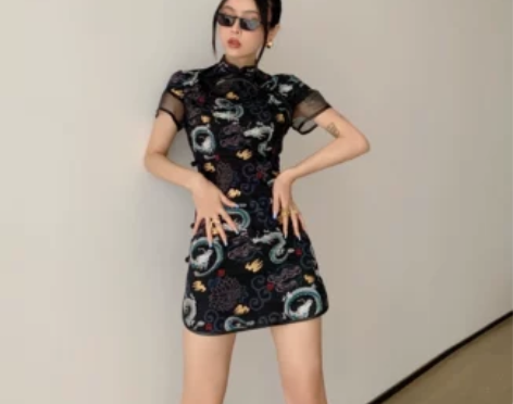 ZOZO 辣妹国潮风复古印花改良旗袍裙 暗...