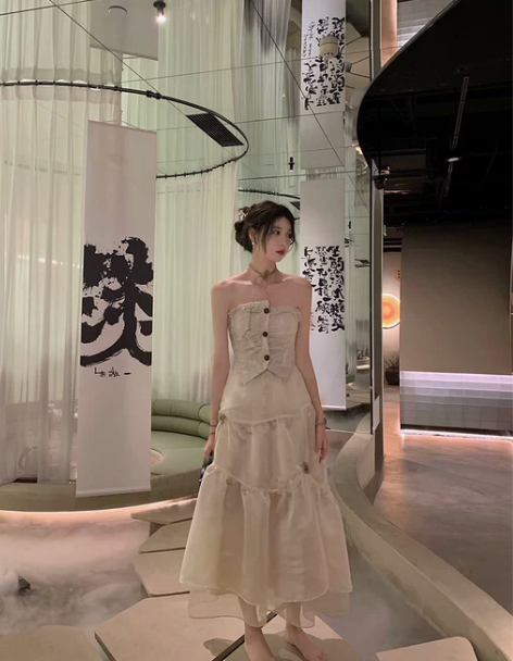 范智乔复古法式抹胸连衣裙别致设计感小众收腰...