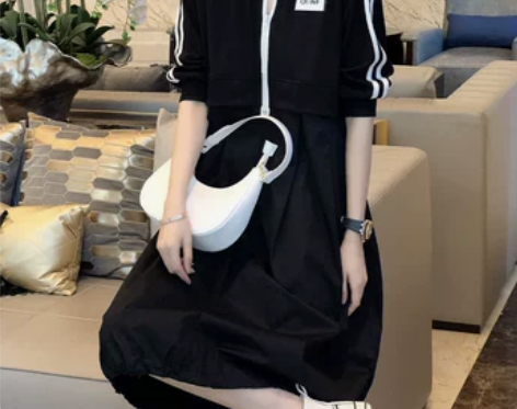 侧条纹休闲连衣裙女运动风裙子显瘦过膝长款裙...