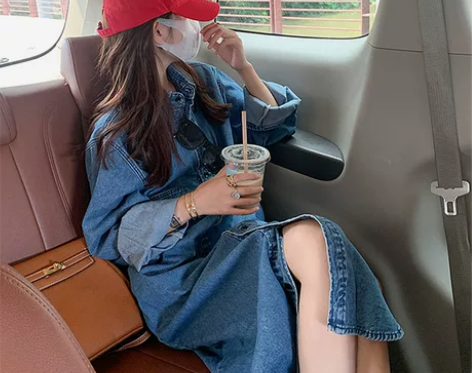 港风复古牛仔连衣裙长袖女春秋2022新款韩...
