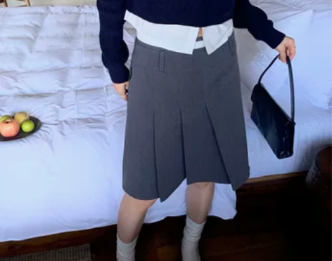 日系灰色百褶半身裙女春夏学院风两面穿西装半...