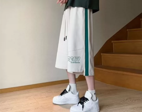 全新条纹宽松七分裤男夏季薄款潮牌休闲过膝短...