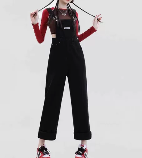 仙吾依黑色直筒背带裤女2023新品学生韩版...