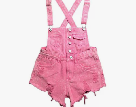 韩国宽松牛仔高腰破洞吊带裤短  粉色 新旧...