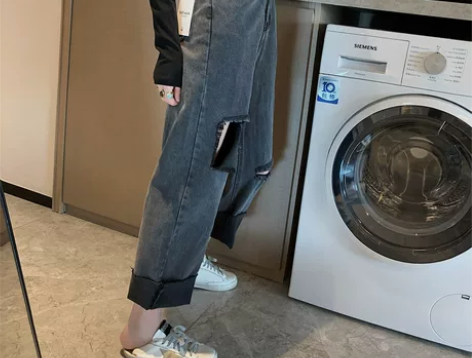 水洗黑色破洞牛仔裤女高腰直筒宽松显瘦阔腿2...