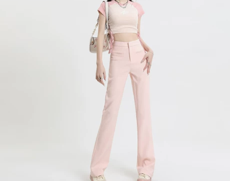 温姗美式粉色高腰微喇叭休闲裤女春夏气质修身...