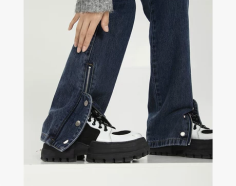 赛小懒自制牛仔裤女春高腰直筒黑色复古宽松阔...