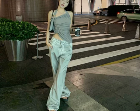 豆豆酱chic/潮人金属感/高腰阔腿牛仔裤...