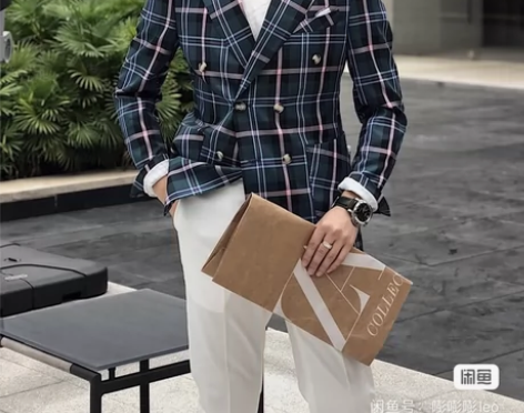 春季复古格子单西服男上衣韩版修身双排扣小…...