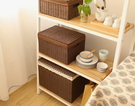 收纳箱藤编杂物收纳盒编织收纳筐有盖衣服玩具...