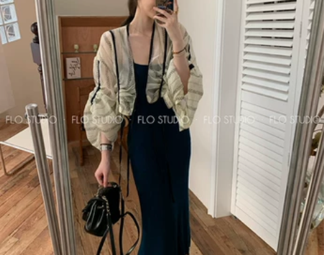 FLO定制 麦弗花清透天丝压褶设计泡芙袖飘...