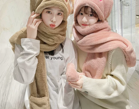 网红兔子耳朵会动帽子女秋冬天围巾手套三件套...