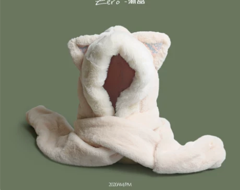毛绒帽子围巾手套一体女冬季日系可爱猫耳朵护...