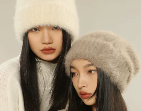 显脸小兔毛毛线帽女秋冬白色大头围针织帽子巨...