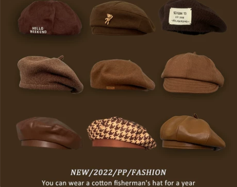 咖啡色帽子女英伦复古春秋天八角pu皮质贝雷...