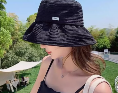 褶皱卡其色渔夫帽小头帽子宽檐显脸小春秋时尚...