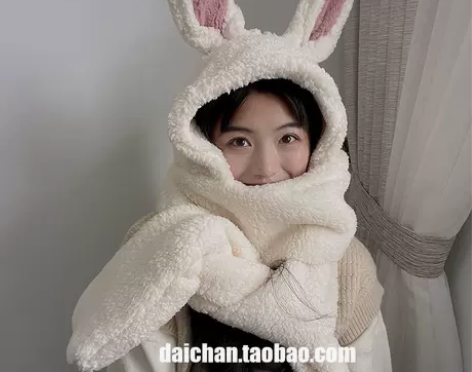 ?秋冬女甜美兔耳朵羊羔毛围巾帽子一体雷锋帽...