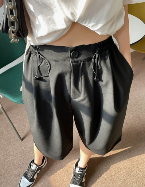 短裤女 中裤短裤抽绳休闲西装女直筒宽松显瘦...