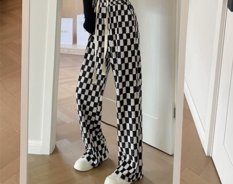 全新棋盘格黑白格阔腿裤抽绳遛弯2022春夏...