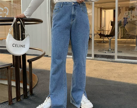 ?唐不灵Bling大码微胖mm高腰开叉牛仔...