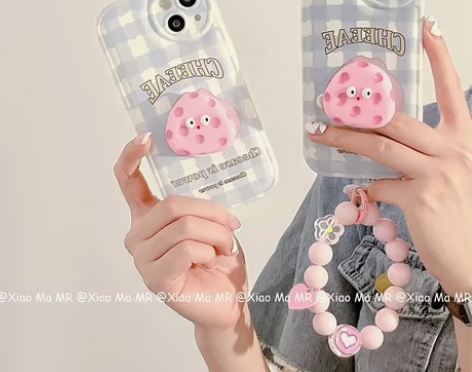 苹果13手机壳蓝色格子粉色奶酪带支架链条 ...