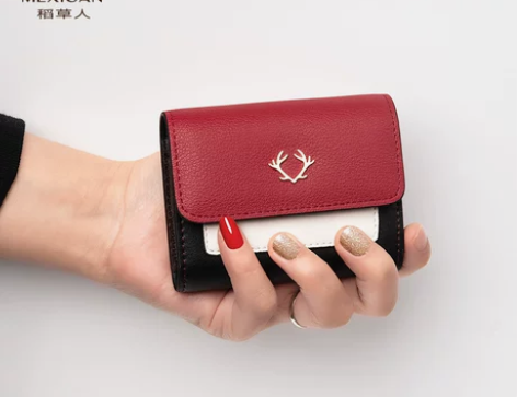 稻草人钱包卡包女士三折多卡位牛皮卡片夹短款...