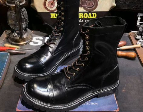 黑色美式复古真皮大头英伦风工装马丁骑行牛皮...